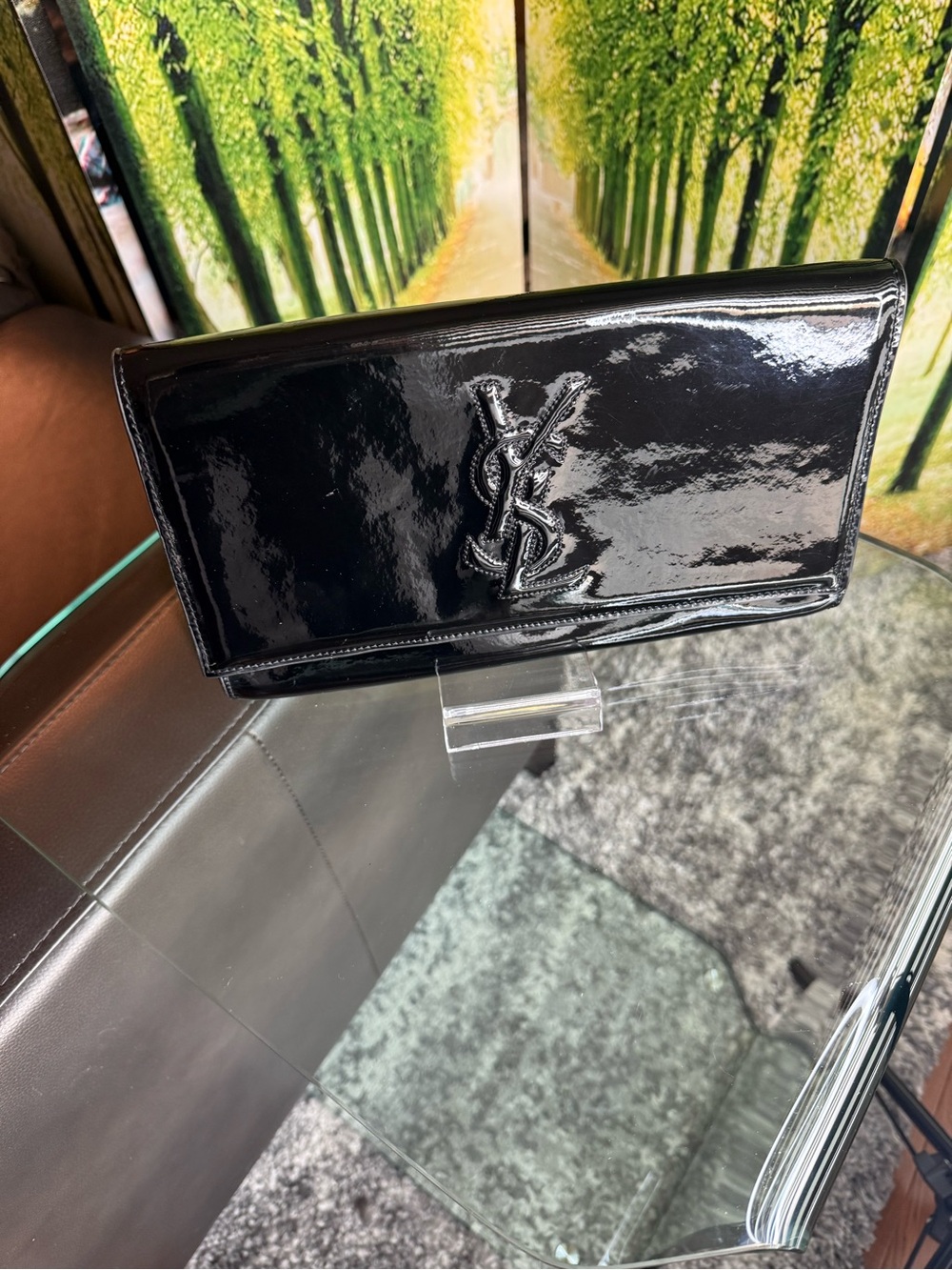 Yves Saint Laurent Black Patent Leather YSL Logo Envelope Clutch Italy - Picture 7 of 12